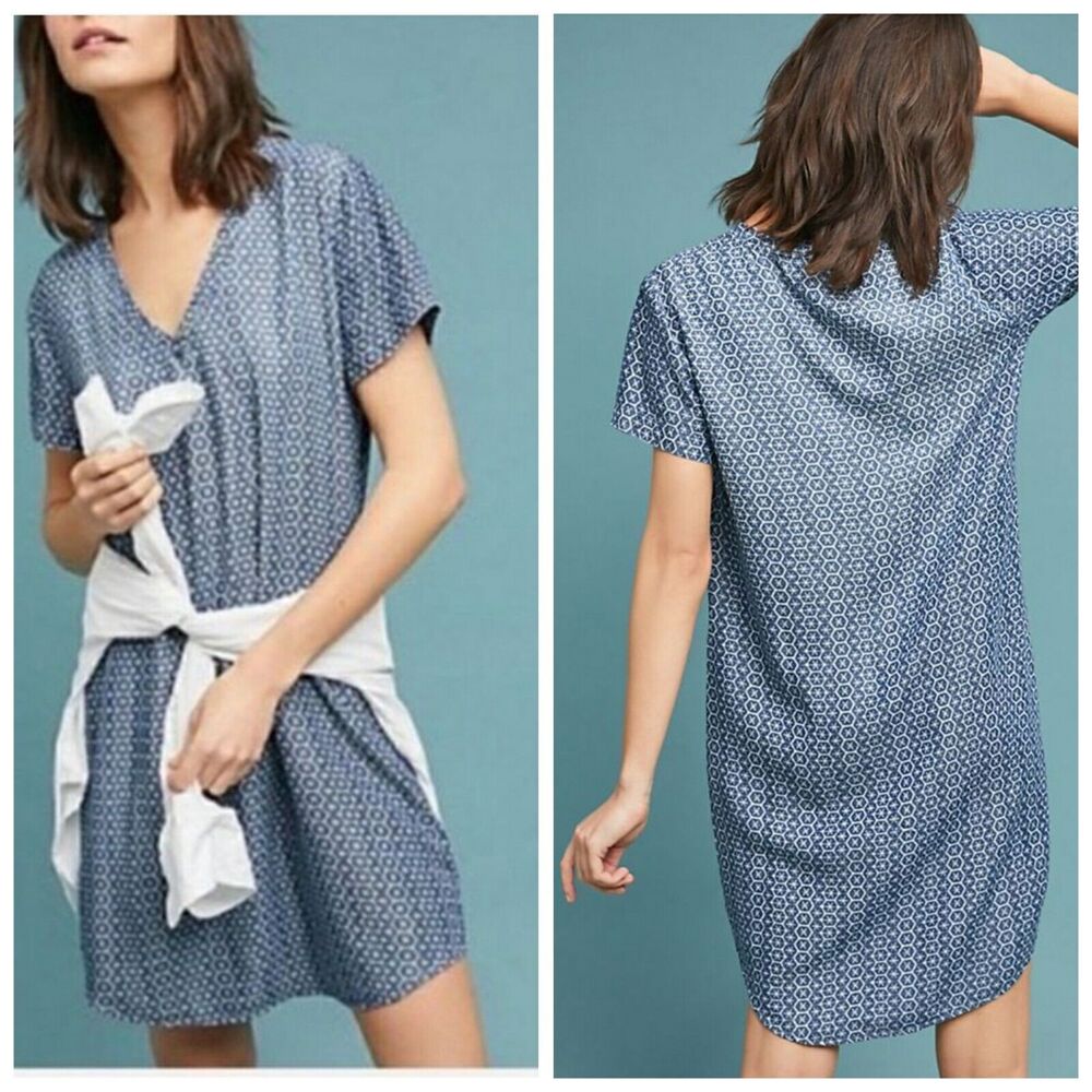 Anthropologie CLOTH & STONE Dress S Blue Justine SHIFT Star Print Tencel V-Neck